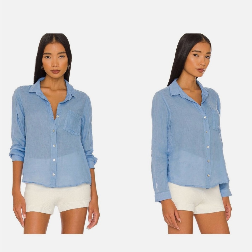 Bella Dahl Linen Pocket Button Down Shirt Cabana Blue Size Medium